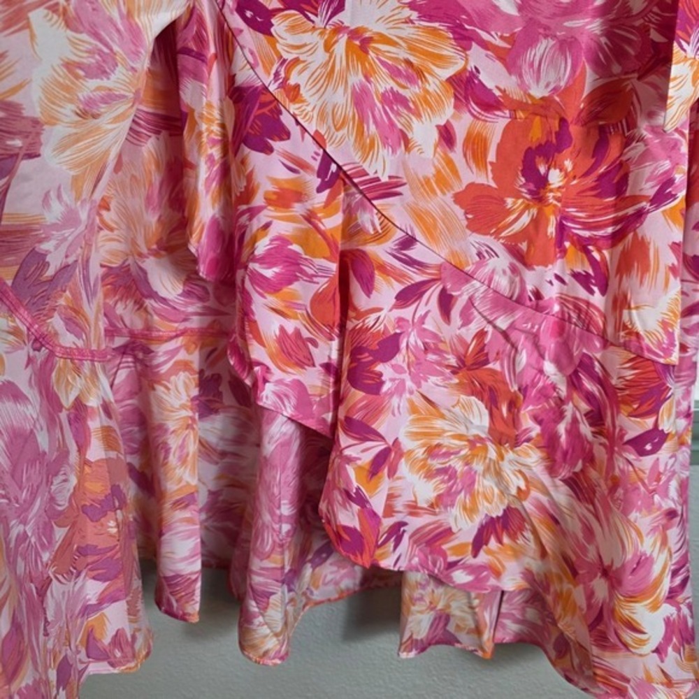 She + Sky Wrap Skirt XL Pink Orange Tropical Floral Ruffle Midi Garden Party - Picture 13 of 16